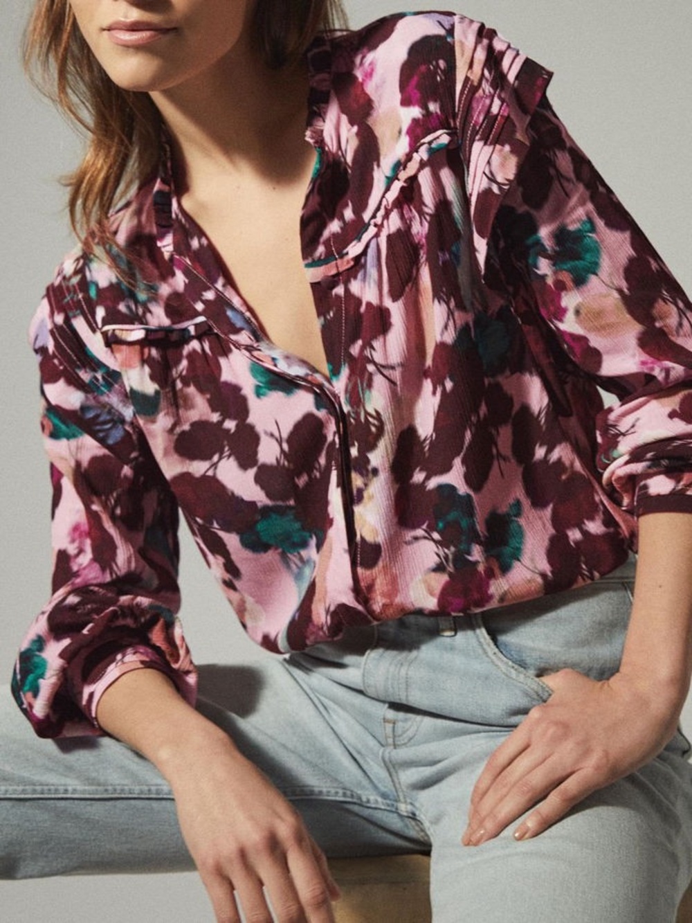 Reiss Phoenix Floral Printed Blouse in Pink & Burgundy, Size US 6 / UK 10